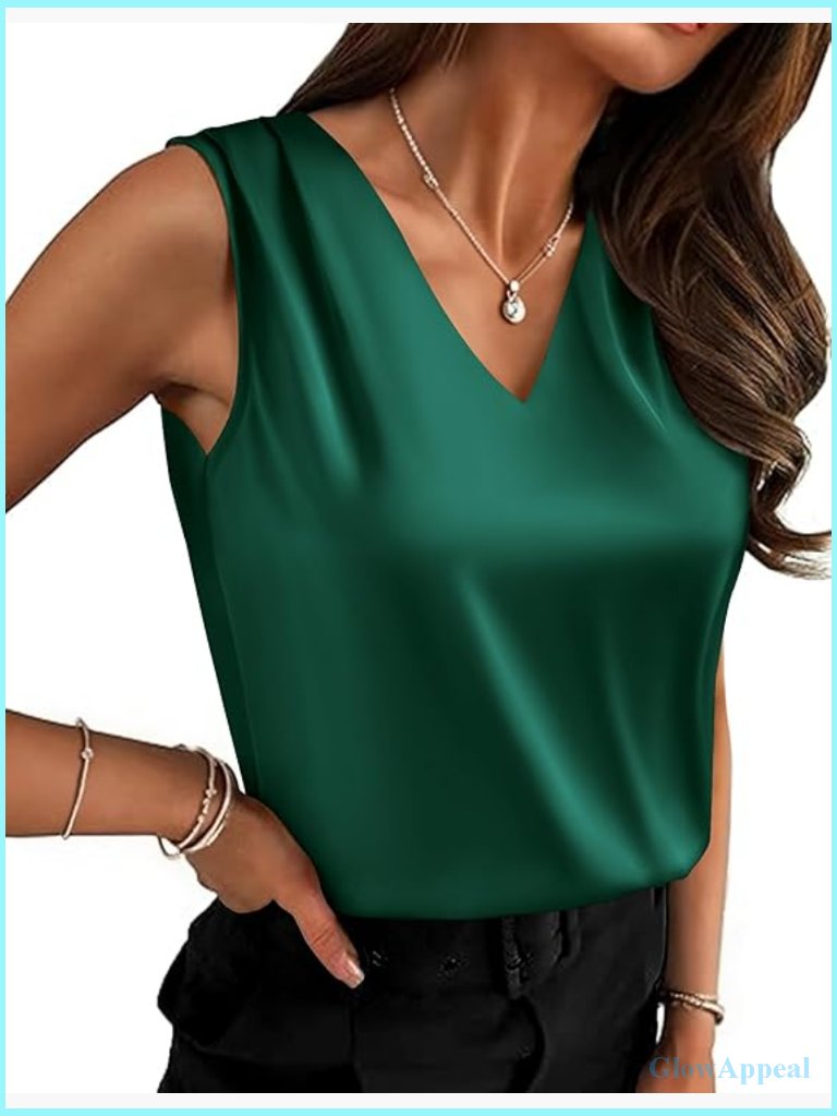 Silk Satin Camisole Tank Top V Neck Pleated Dressy Casual Sleeveless Blouse For